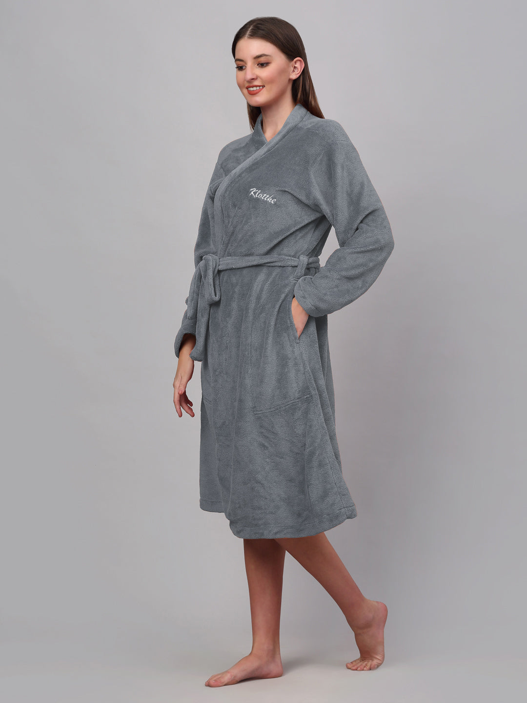 Klotthe Women Grey Solid Bath Robe With Belt