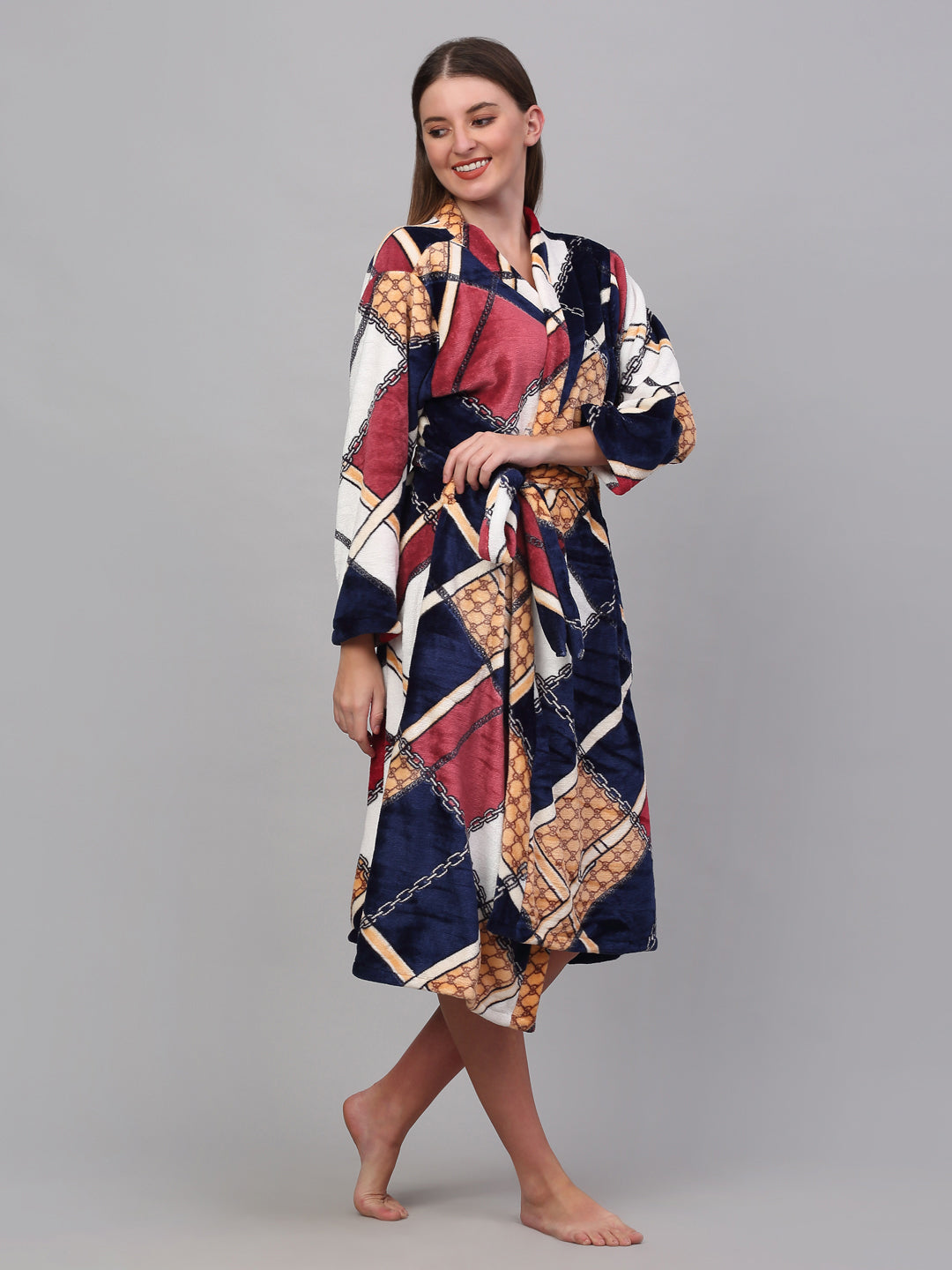 Klotthe Women MultiColor Printed Bath Robe With Belt