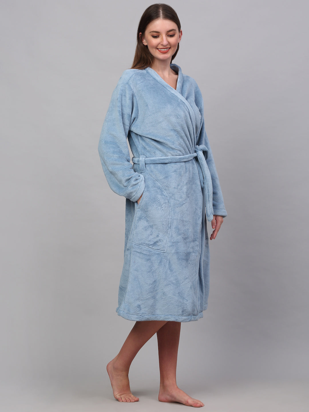 Klotthe Women Blue Solid Bath Robe With Belt