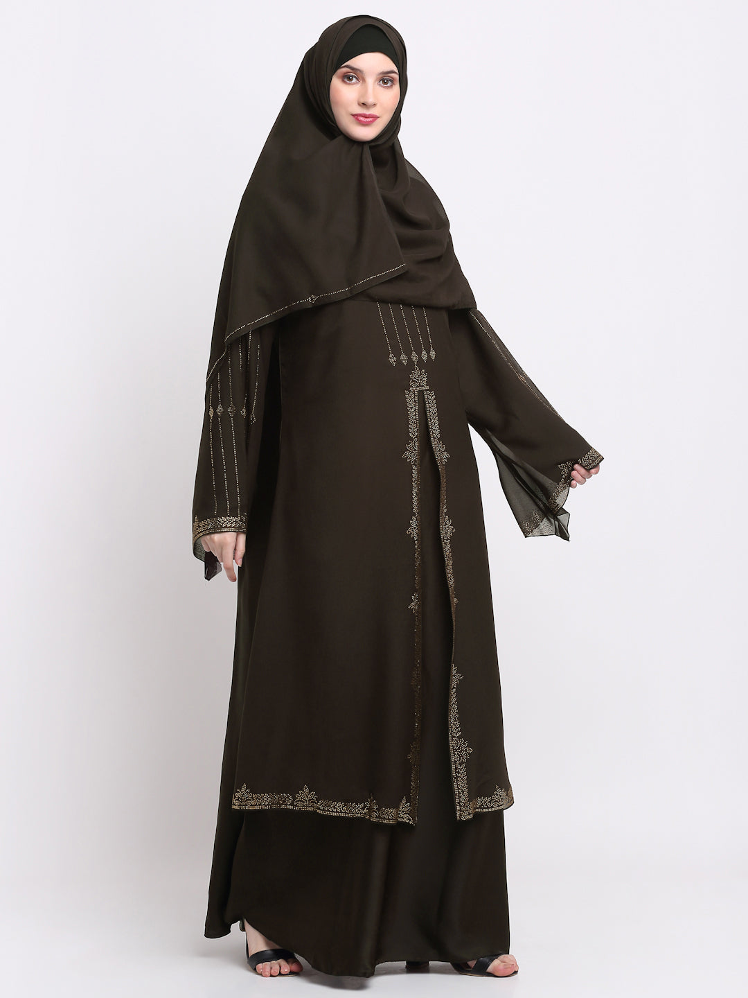 Klotthe Women Brown Embellished Burqa With Scarves