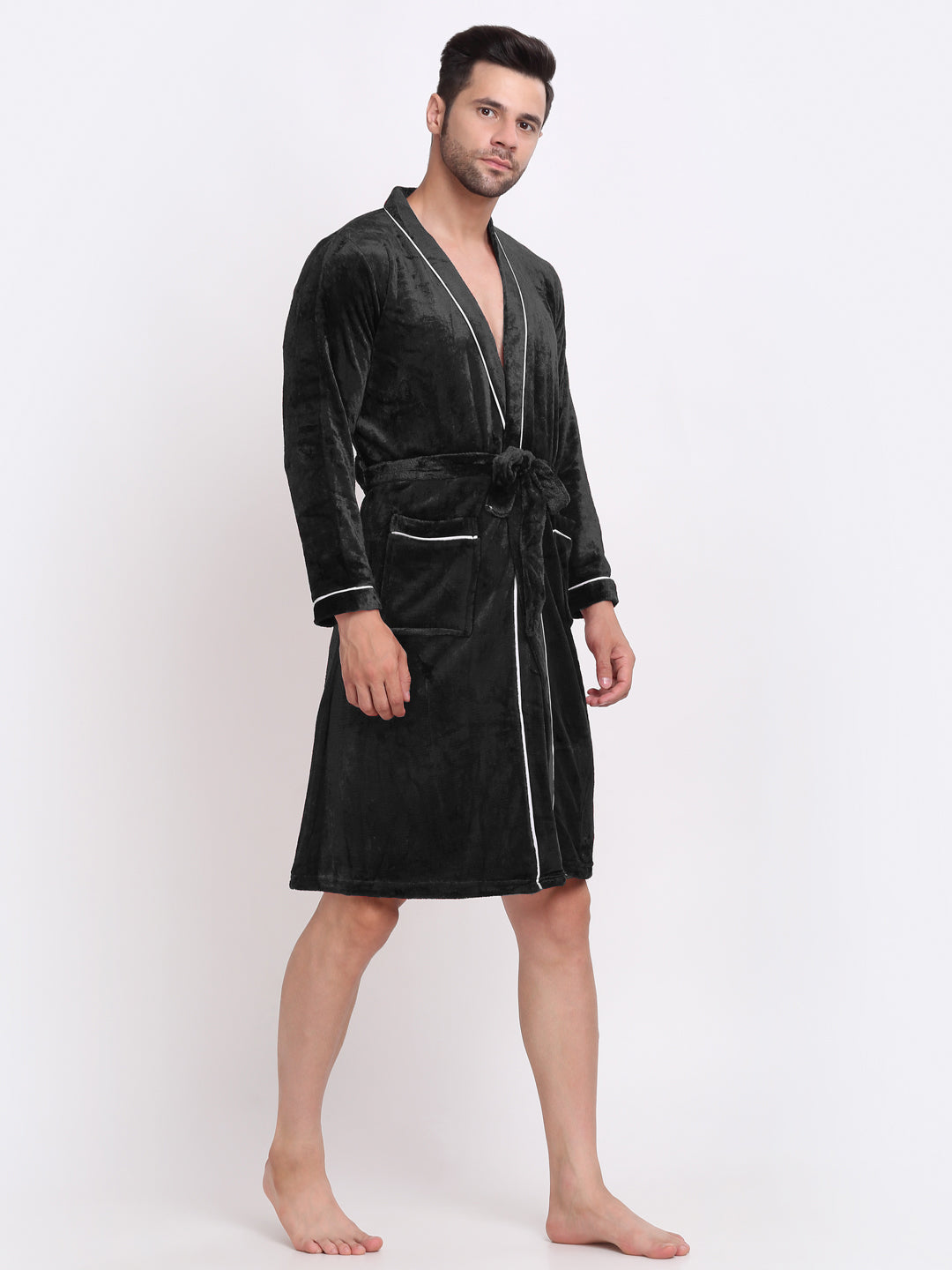 Klotthe Men Black Solid Wool Bath Robe With Belt