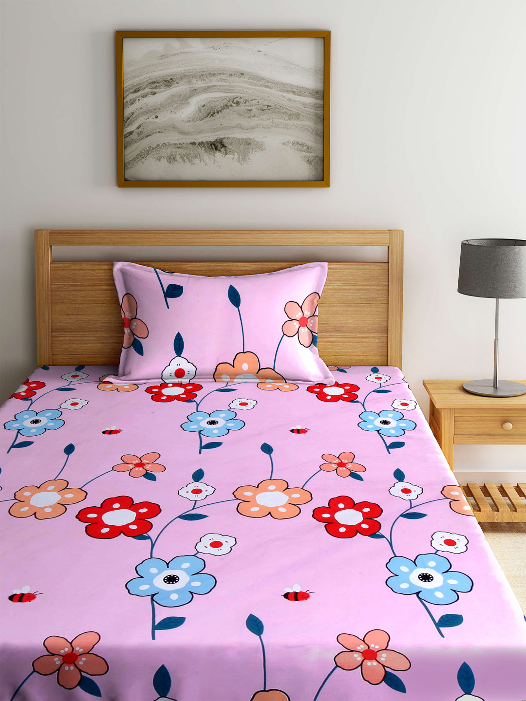 Klotthe Pink Floral 210 TC Cotton Blend Single Bed Sheet with Pillow Cover