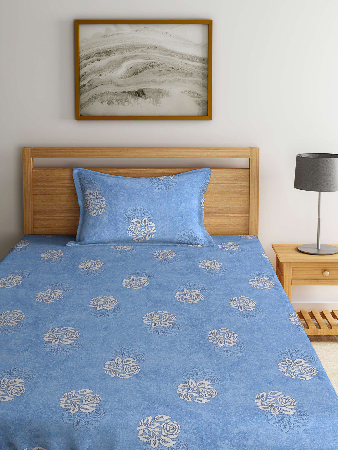 Klotthe Blue Floral 400 TC Pure Cotton Fitted Single Bedsheet Set in Book Fold Packing