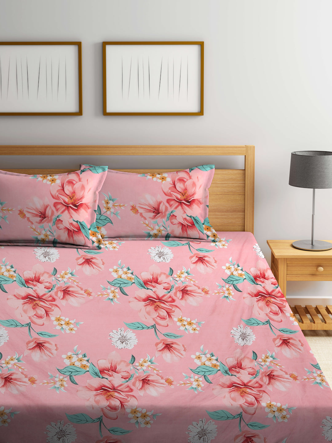 Klotthe Multicolor Floral 300 TC Cotton Blend Fitted Double Bedsheet with 2 Pillow Covers