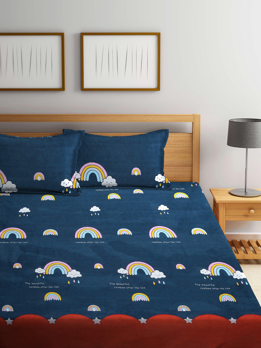 Klotthe Multicolor Cartoon Print Cotton Blend Elasticated Double BedSheet With 2 Pillow Covers