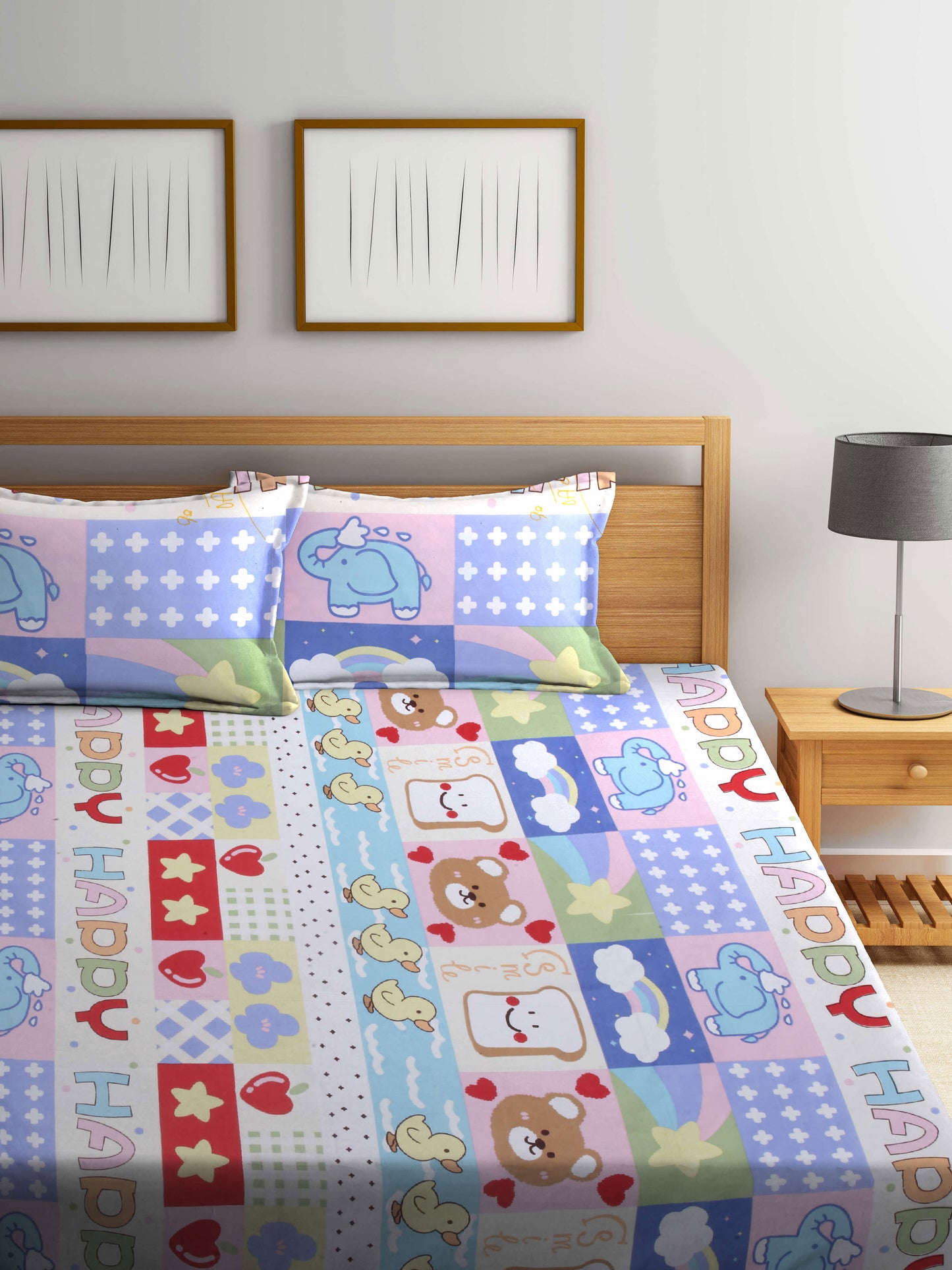 Klotthe Multicolor Cartoon Print Cotton Blend Elasticated Double BedSheet With 2 Pillow Covers