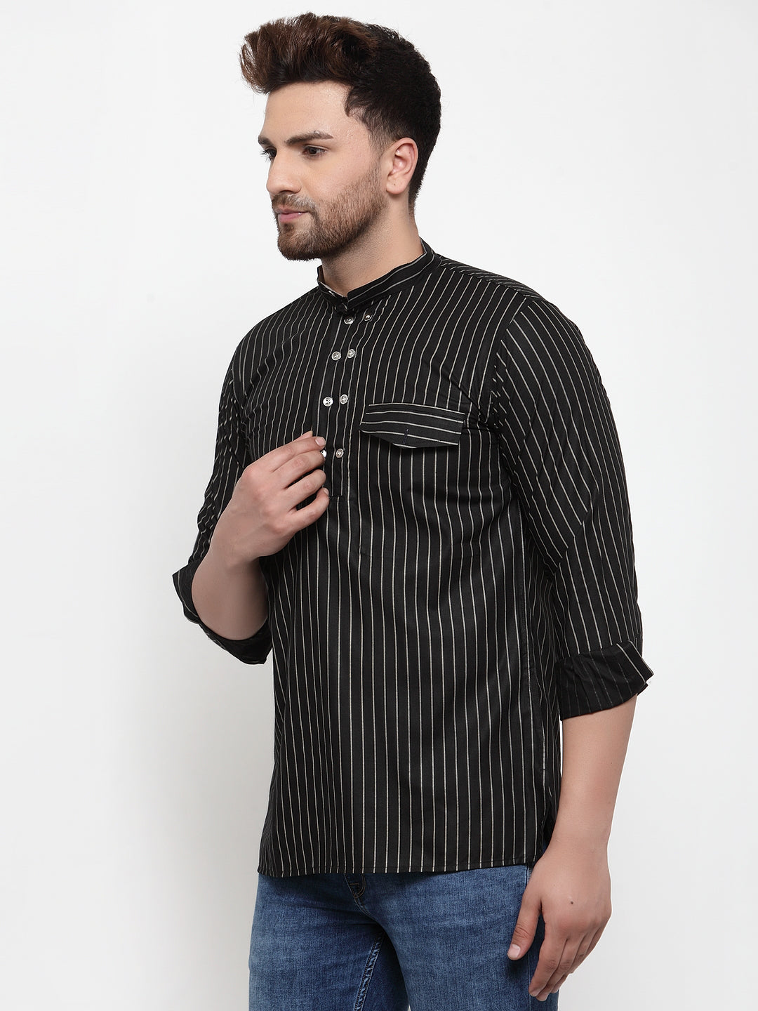 Black Cotton Silk Striped Party Kurtas