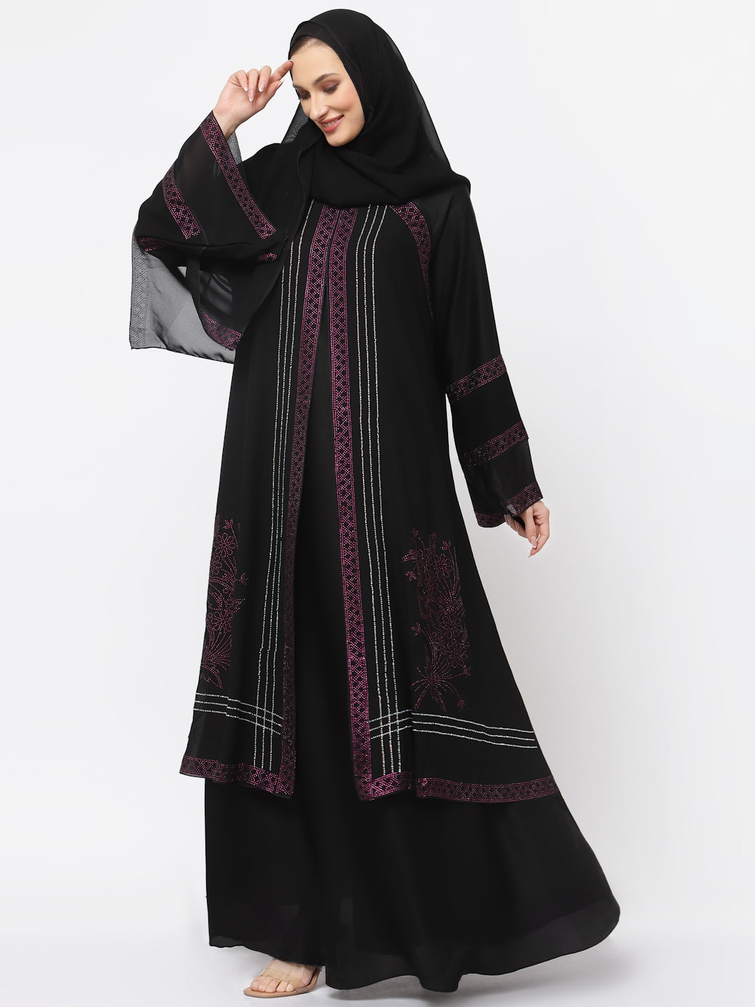 Klotthe Women Black Embellished Burqa With Scarves