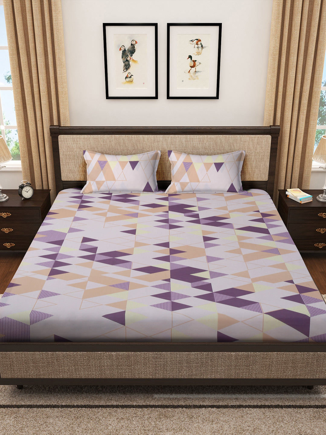 Klotthe Multicolor Geometric 400 TC Pure Cotton Double Bedsheet with 2 Pillow Covers