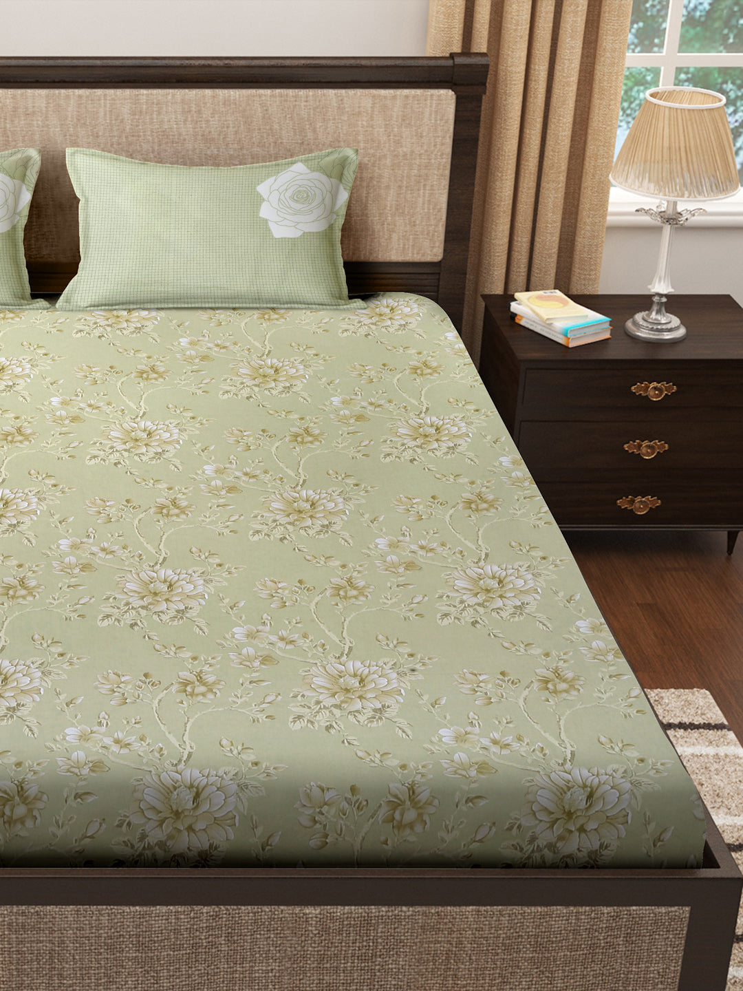 Klotthe Green Floral 400 TC Pure Cotton Super King Double Bedsheet with 2 Pillow Covers (270X270 cm)