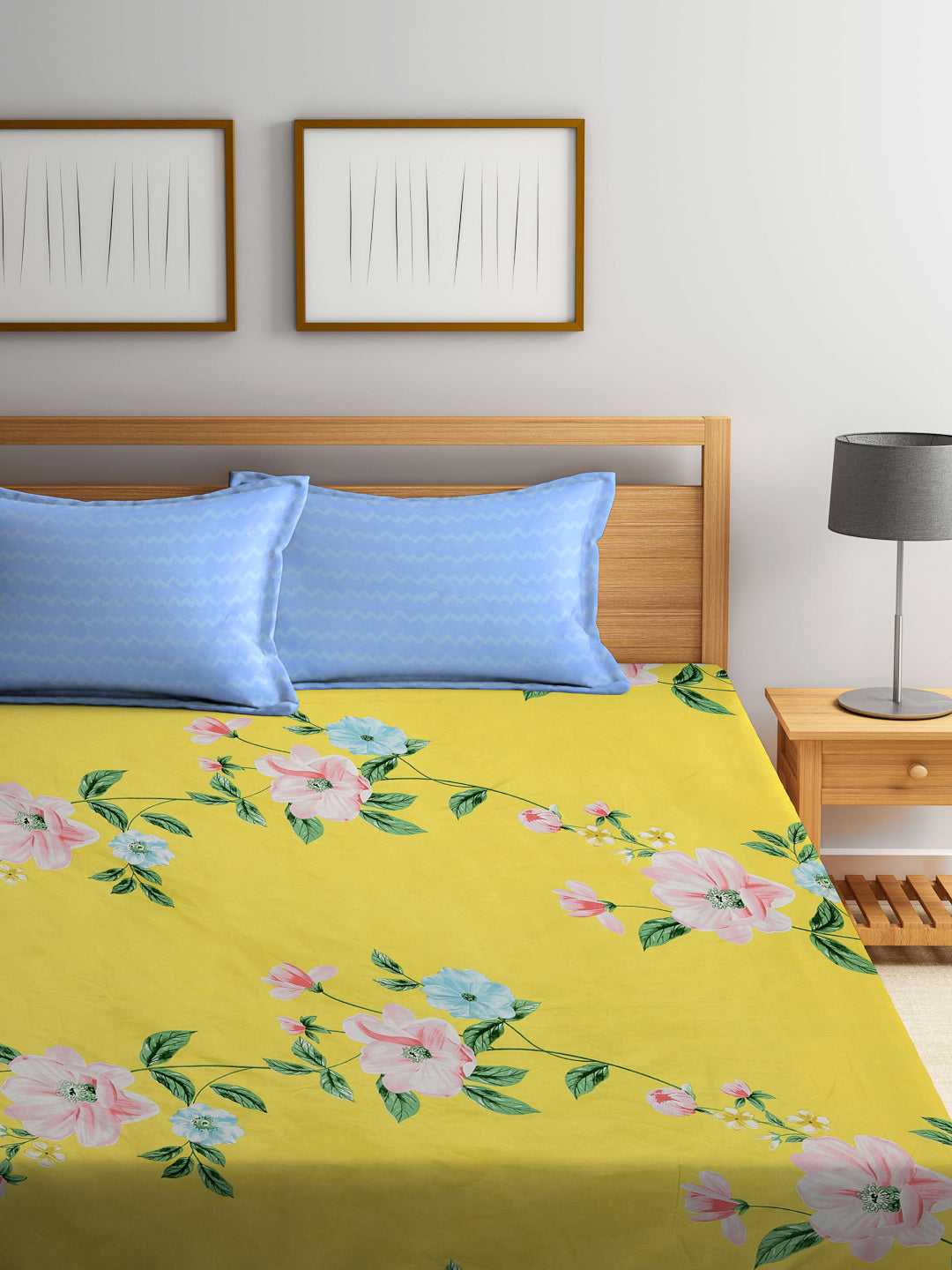 Klotthe Multicolor Floral 300 TC Cotton Blend Fitted Double Bedsheet with 2 Pillow Covers