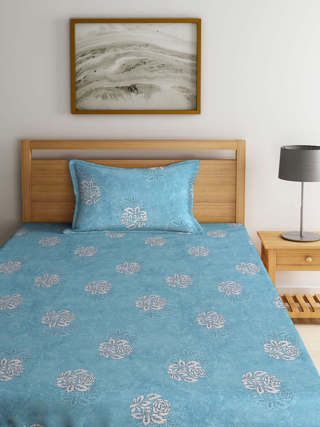 Klotthe Turquoise Floral 400 TC Pure Cotton Single Bedsheet with Pillow Cover