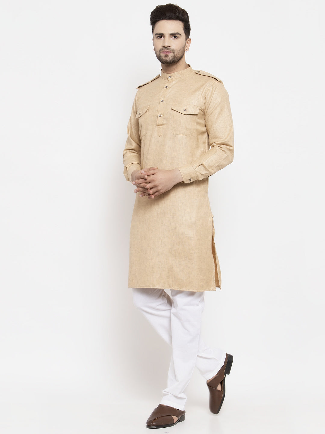 Klotthe Beige Mandarin Collar Solid Cotton Kurta