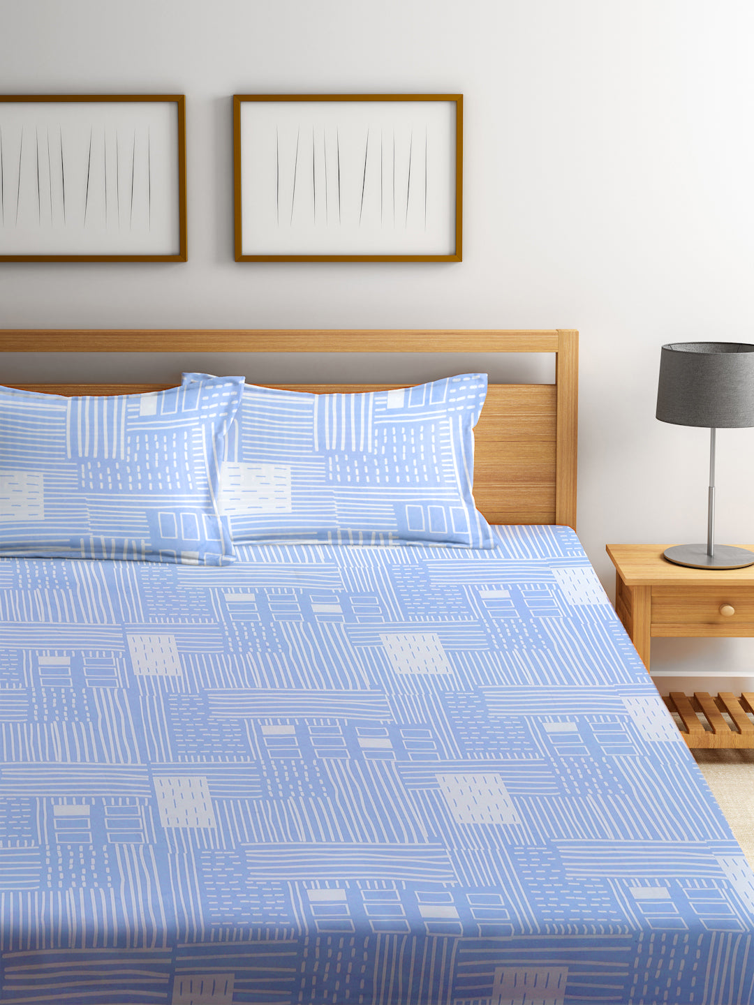 Klotthe Skyblue Geometric 300 TC Cotton Blend Fitted Double Bedsheet with 2 Pillow covers