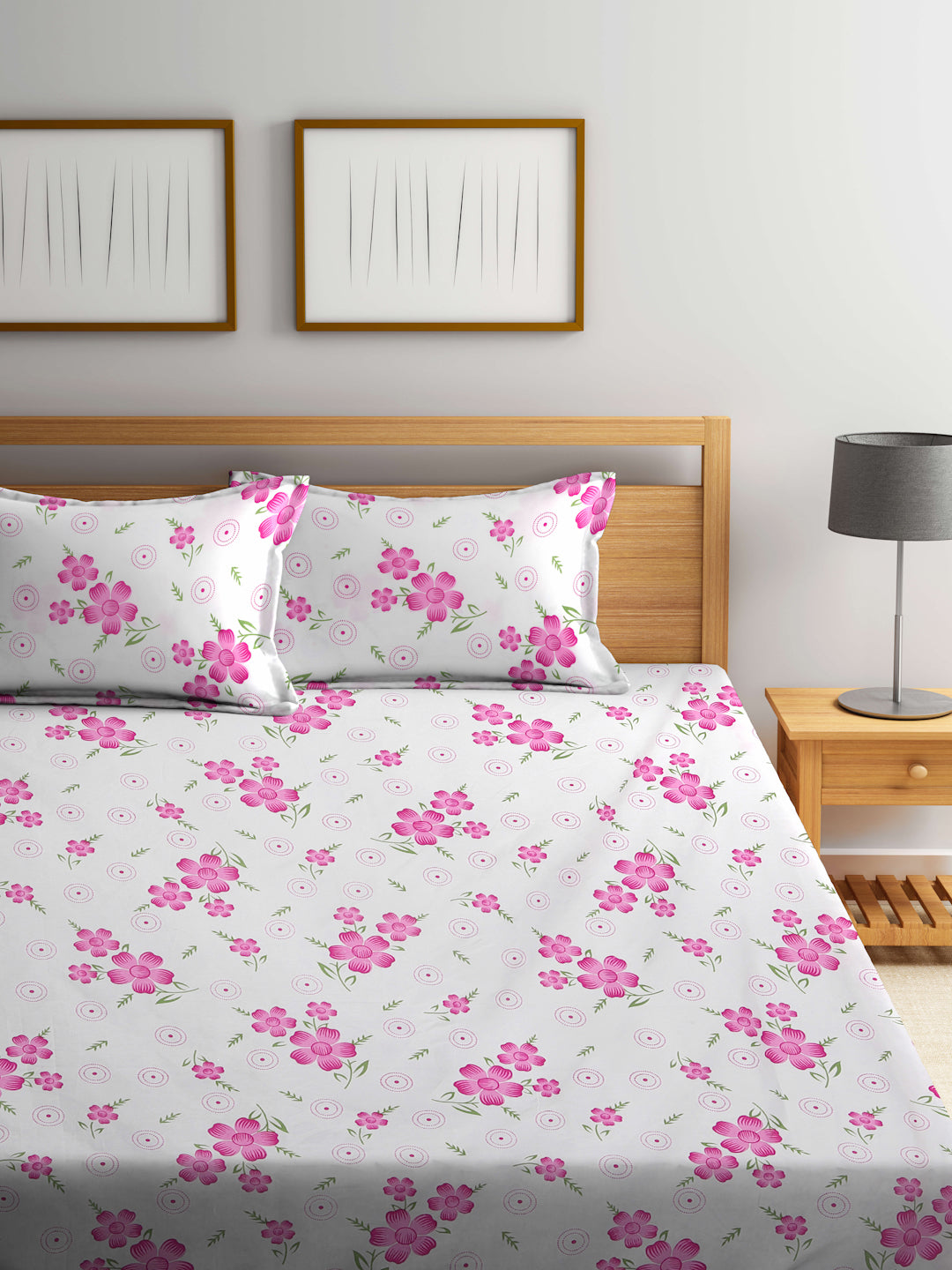 Klotthe Multicolor Floral 300 TC Cotton Blend Fitted Double Bedsheet in Book Fold Packing