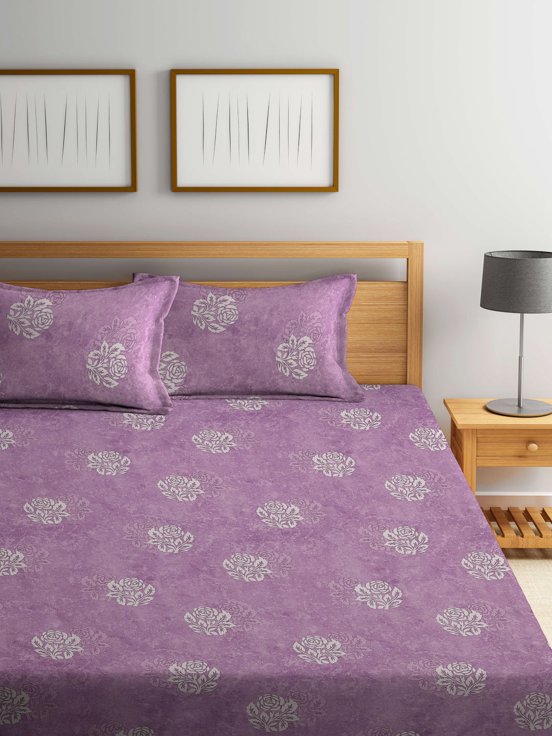 Klotthe Purple Floral 400 TC Pure Cotton Fitted Double Bedsheet with 2 Pillow Covers