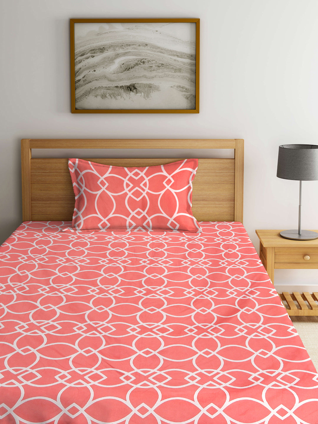 Klotthe Multi Geometric 300 TC Cotton Blend Single Bedsheet with Pillow Cover