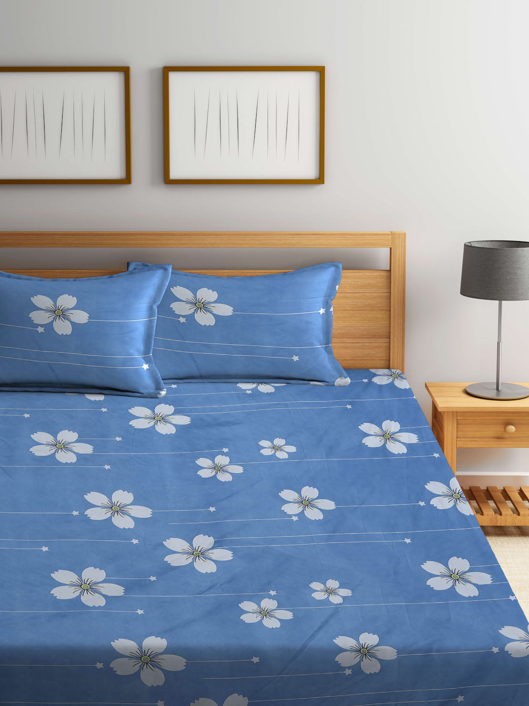 Klotthe Blue Floral 300 TC Cotton Blend Double Bed Sheet with 2 Pillow Covers in Book Fold Packing