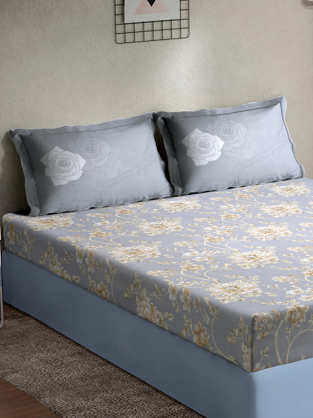 Klotthe Grey Floral 400 TC Pure Cotton Super King Double Bedsheet with 2 Pillow Covers (270X270 cm)