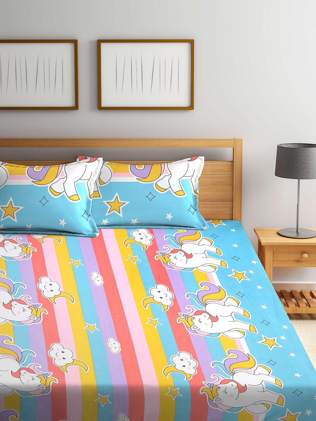 Klotthe Multi Cartoon Print 300 TC Cotton Blend Double Bed Sheet with 2 Pillow Covers in Book Fold Packing