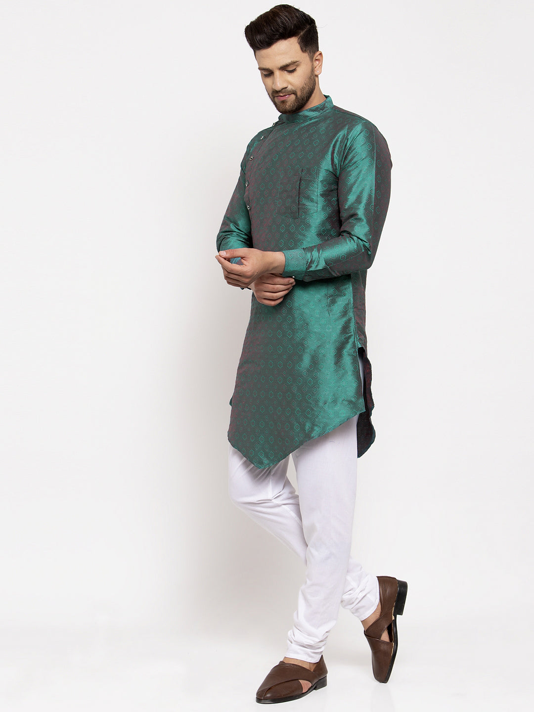 KLOTTHE Green Cotton Silk Woven Design Kurtas