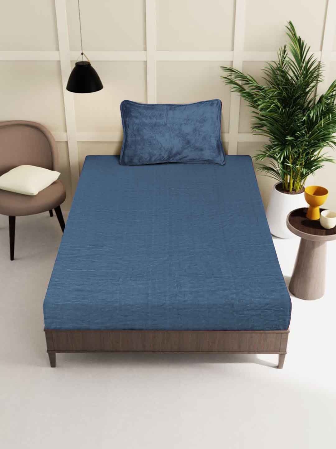 Klotthe Turquoise Solid Woolen Fitted Single Bed Sheet with Pillow Cover