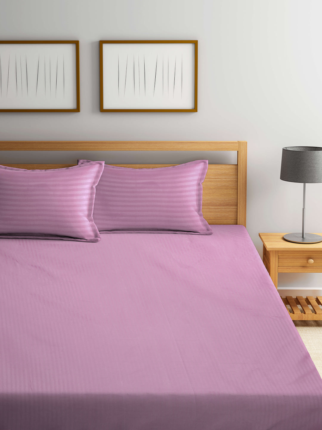 Klotthe Dark Pink Striped 300 TC Cotton Blend Elasticated Super King Double Bedsheet with 2 Pillow Covers (270X270 cm)