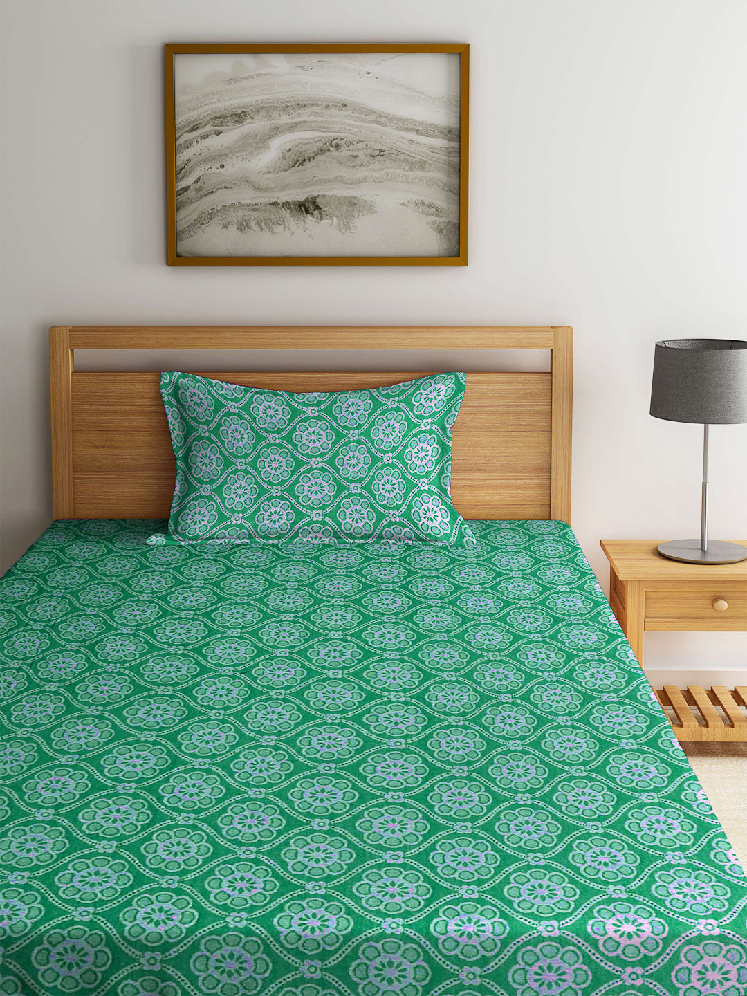 Klotthe Green Woven Design Pure Cotton Single Bed Cover with Pillow Covers