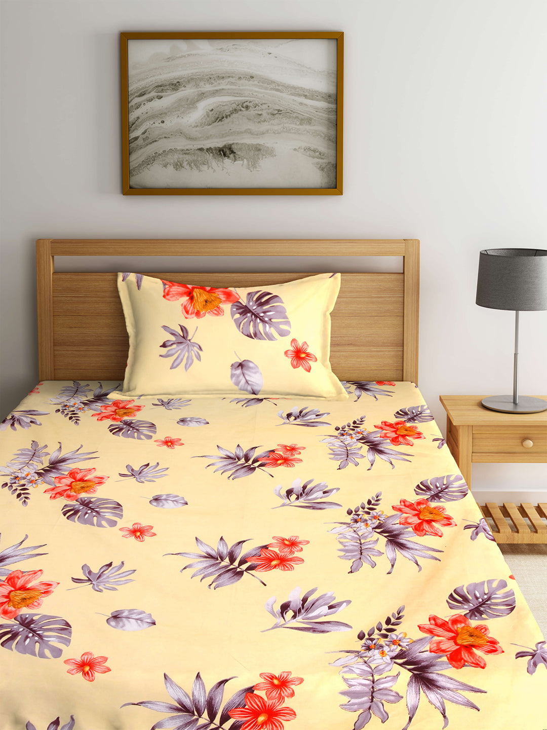 KLOTTHE Multi Polycotton Floral Single Bedsheet with 1 Pillow Cover (215X150 cm)