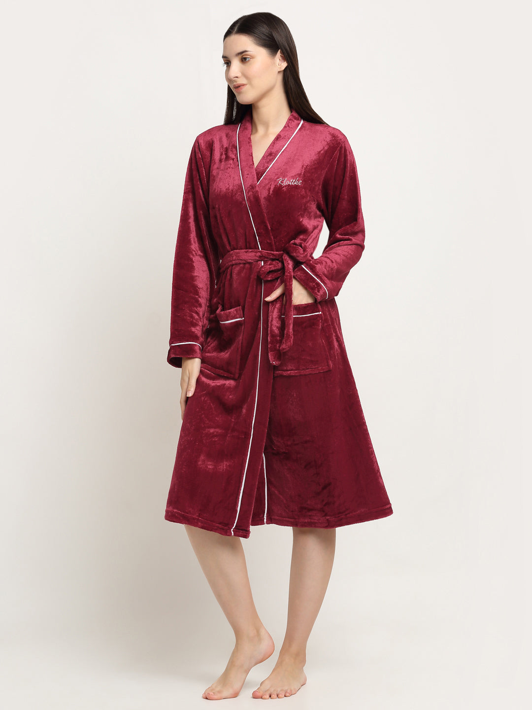 Klotthe Women Red Solid Wool Bath Robe With Belt