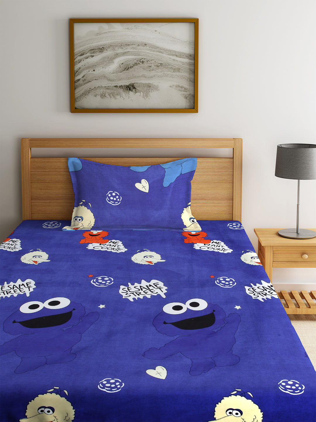 KLOTTHE Blue Polycotton Cartoon Characters BedSheet With 1 Pillow Cover (225X150 cm)