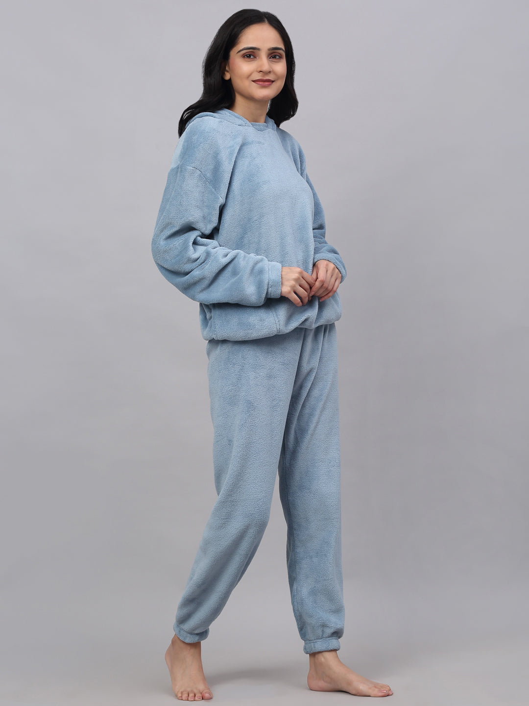 Klotthe Women Blue Wool Blend Solid Hooded Night Suit