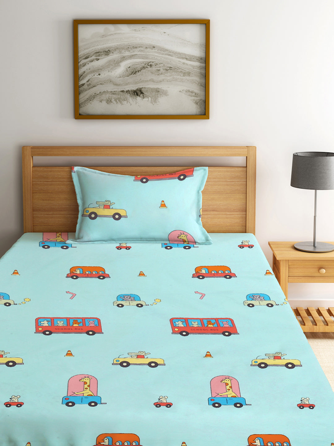 Klotthe Multi Cartoon Characters 210 TC Cotton Blend Single BedSheet with Pillow Cover