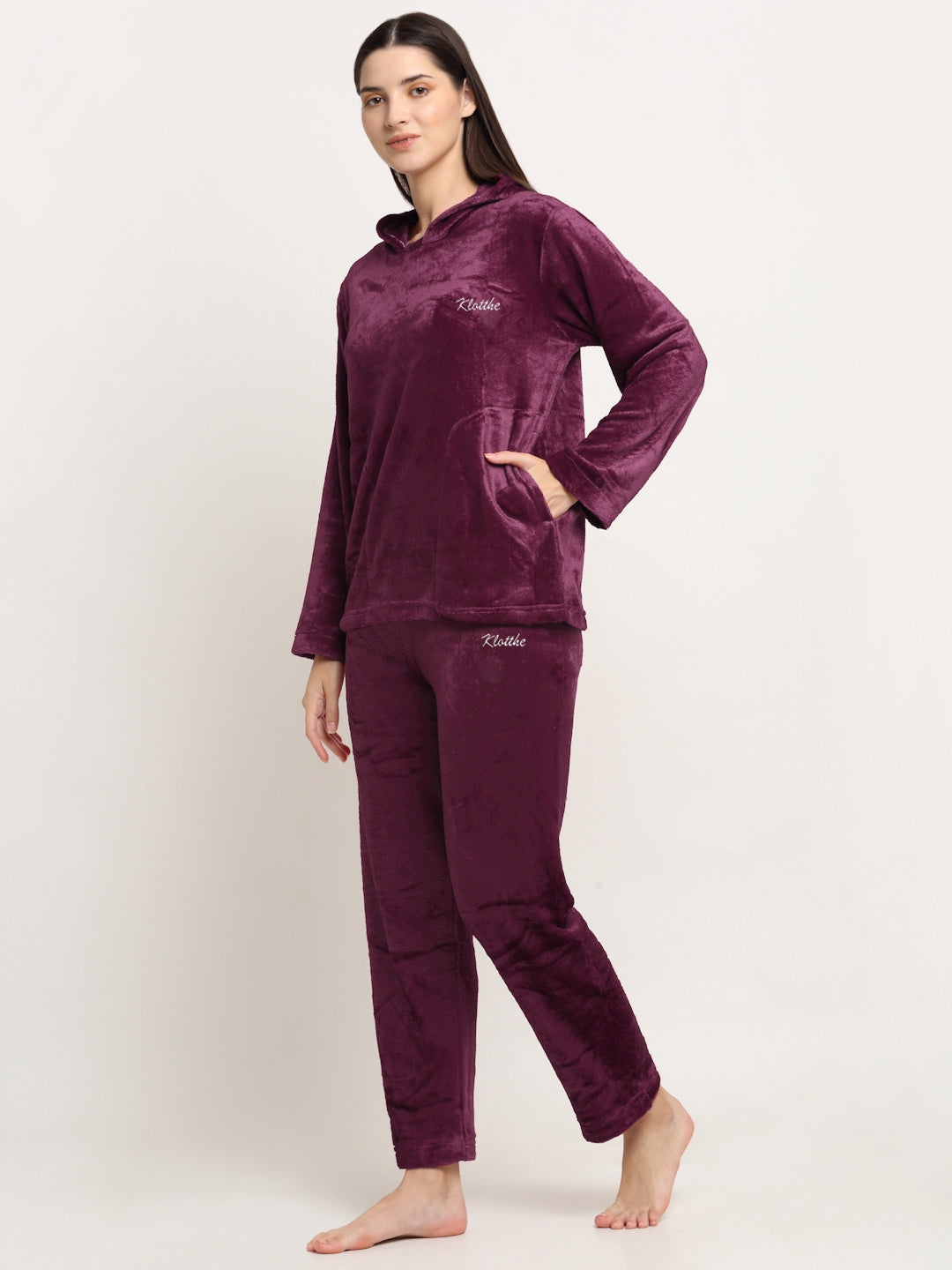 Klotthe Women Maroon Solid Wool Blend Hooded Night Suit