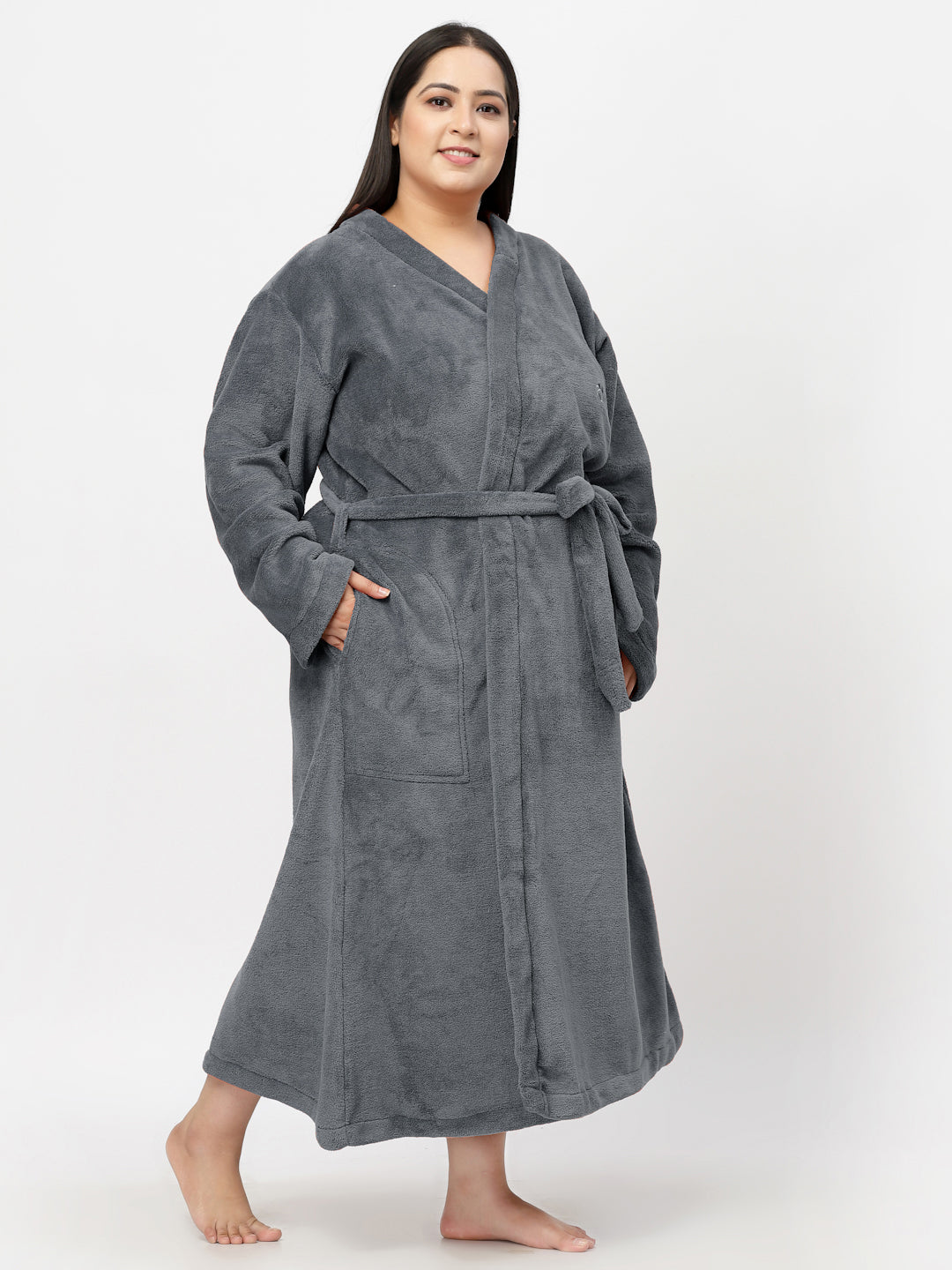 Klotthe Women Grey Solid Bath Robe With Belt