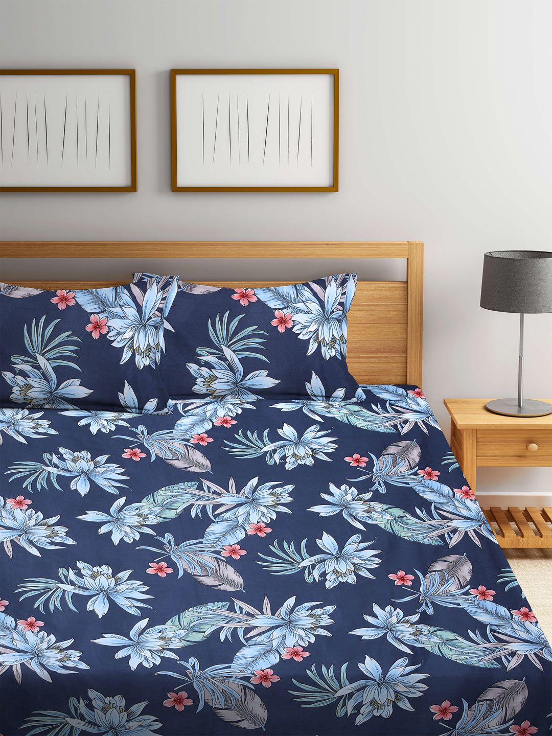 KLOTTHE Blue PolyCotton Floral 210 Thread Count Double King Bedsheet With 2 Pillow Covers (250X215 cm)