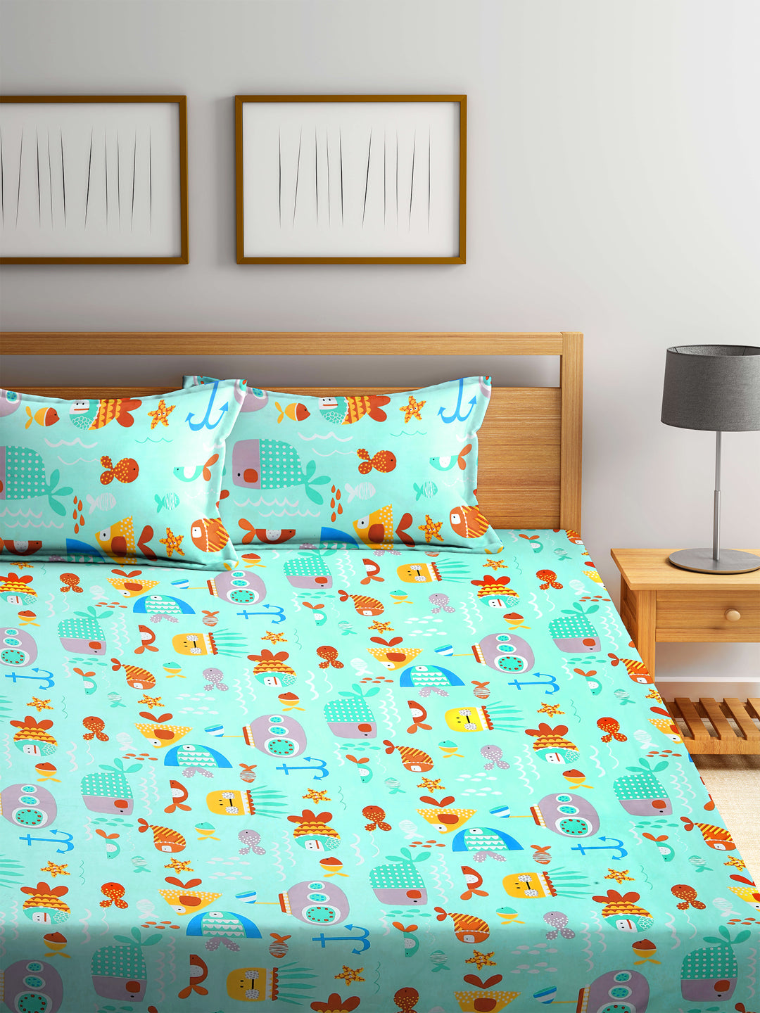 Klotthe Turquoise Kids Print Cotton Bedsheet with 2 Pillow covers