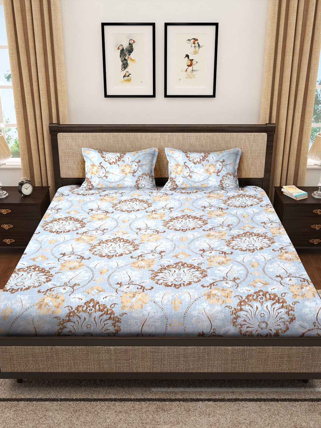 Klotthe Multicolor Floral 300 TC Cotton Blend Fitted Double Bedsheet with 2 Pillow Covers