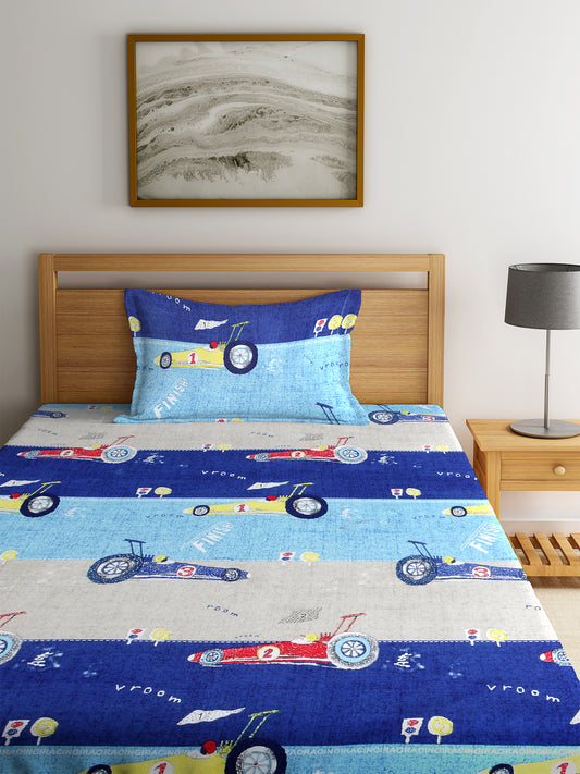 KLOTTHE Multi Polycotton Cartoon Characters BedSheet With 1 Pillow Cover (225X150 cm)