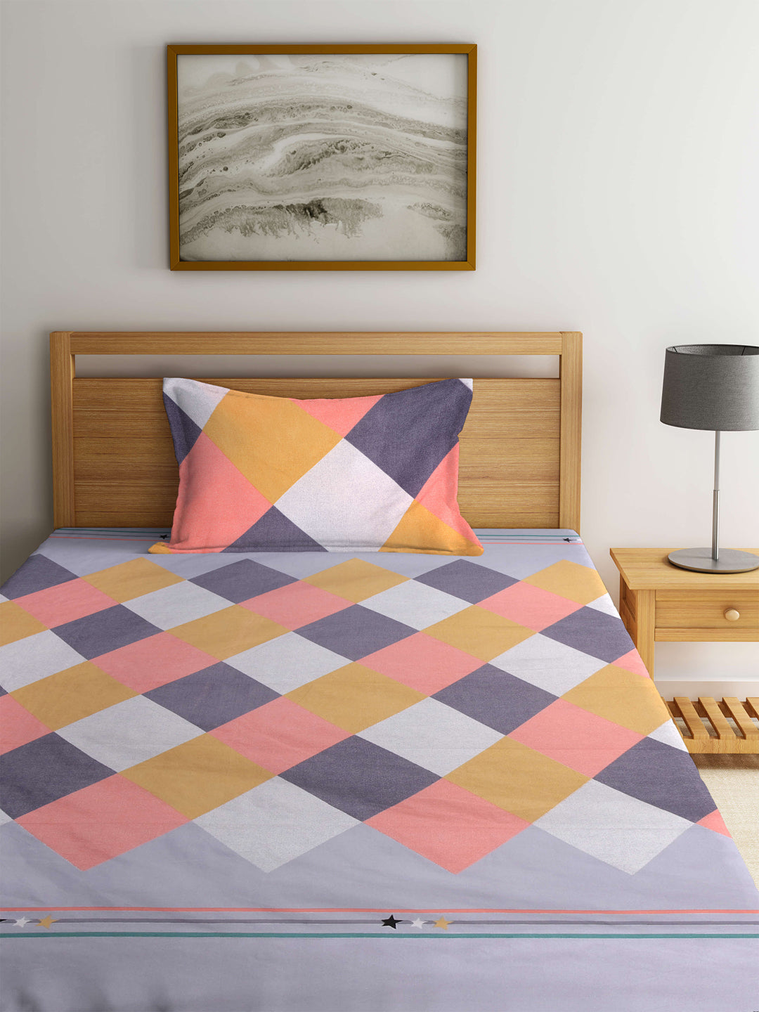 KLOTTHE Multi Polycotton Geometric Single Bedsheet with 1 Pillow Cover (225X150 cm)