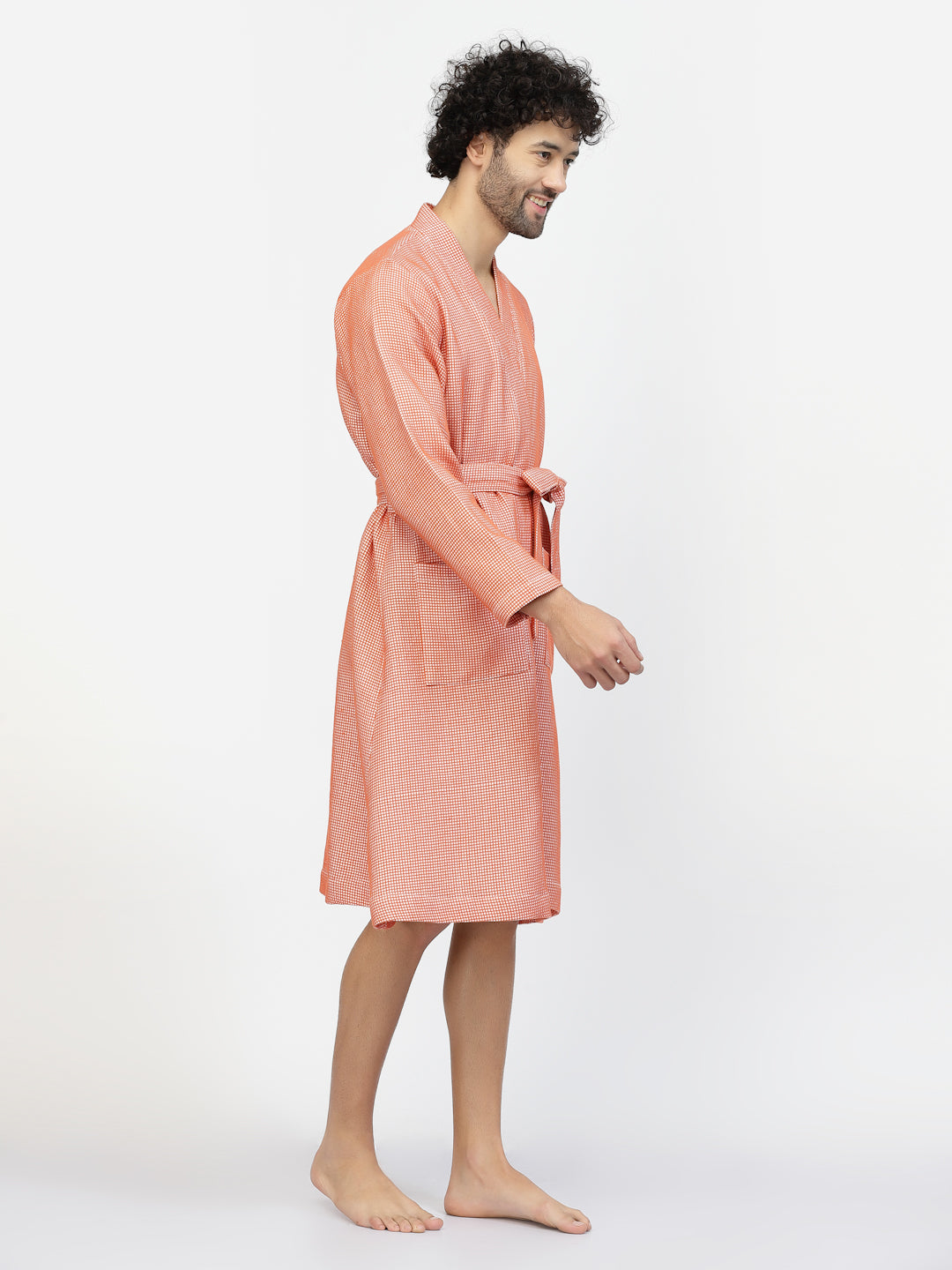 Klotthe Men Orange Checked Cotton Bath Robe With Belt