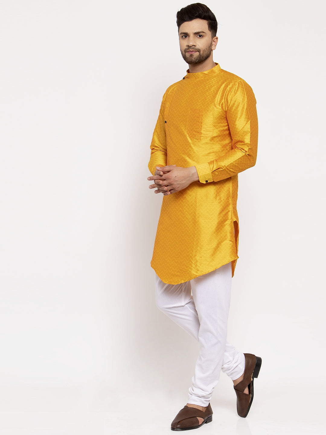 KLOTTHE Yellow Cotton Silk Woven Design Kurtas