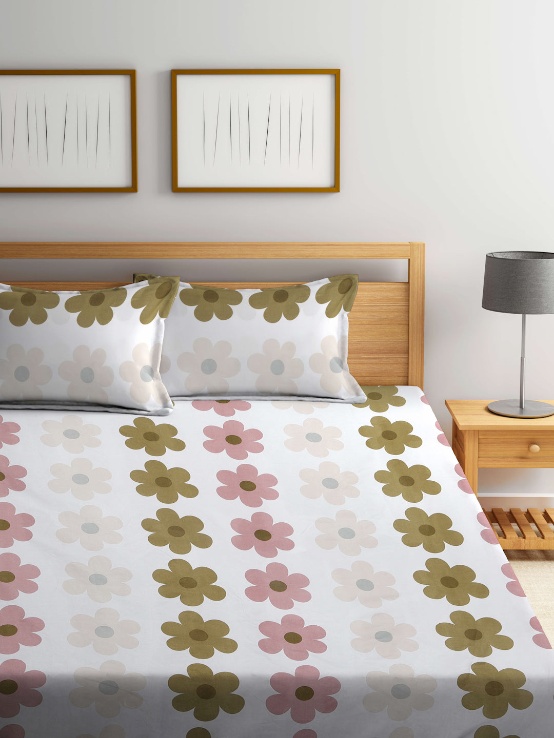 Klotthe Multicolor Floral 300 TC Cotton Blend Fitted Double Bedsheet in Book Fold Packing