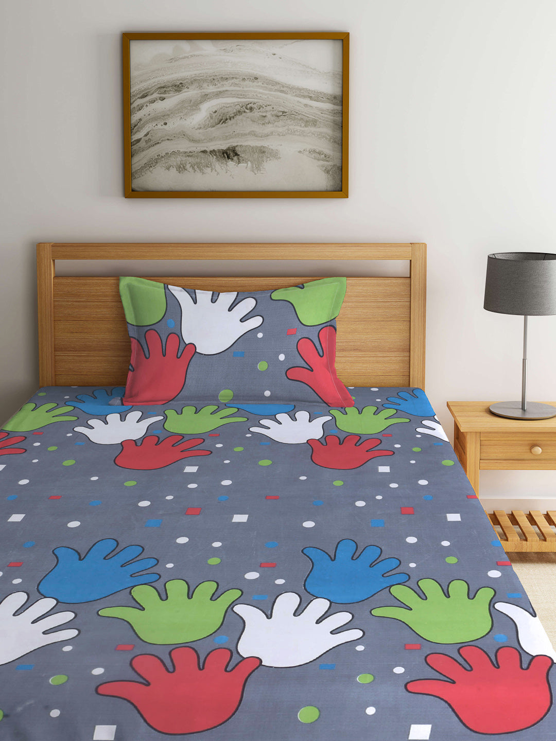 Klotthe Kids Grey Cartoon Characters 210 TC Cotton Blend Single Bed Sheet with Pillow Cover
