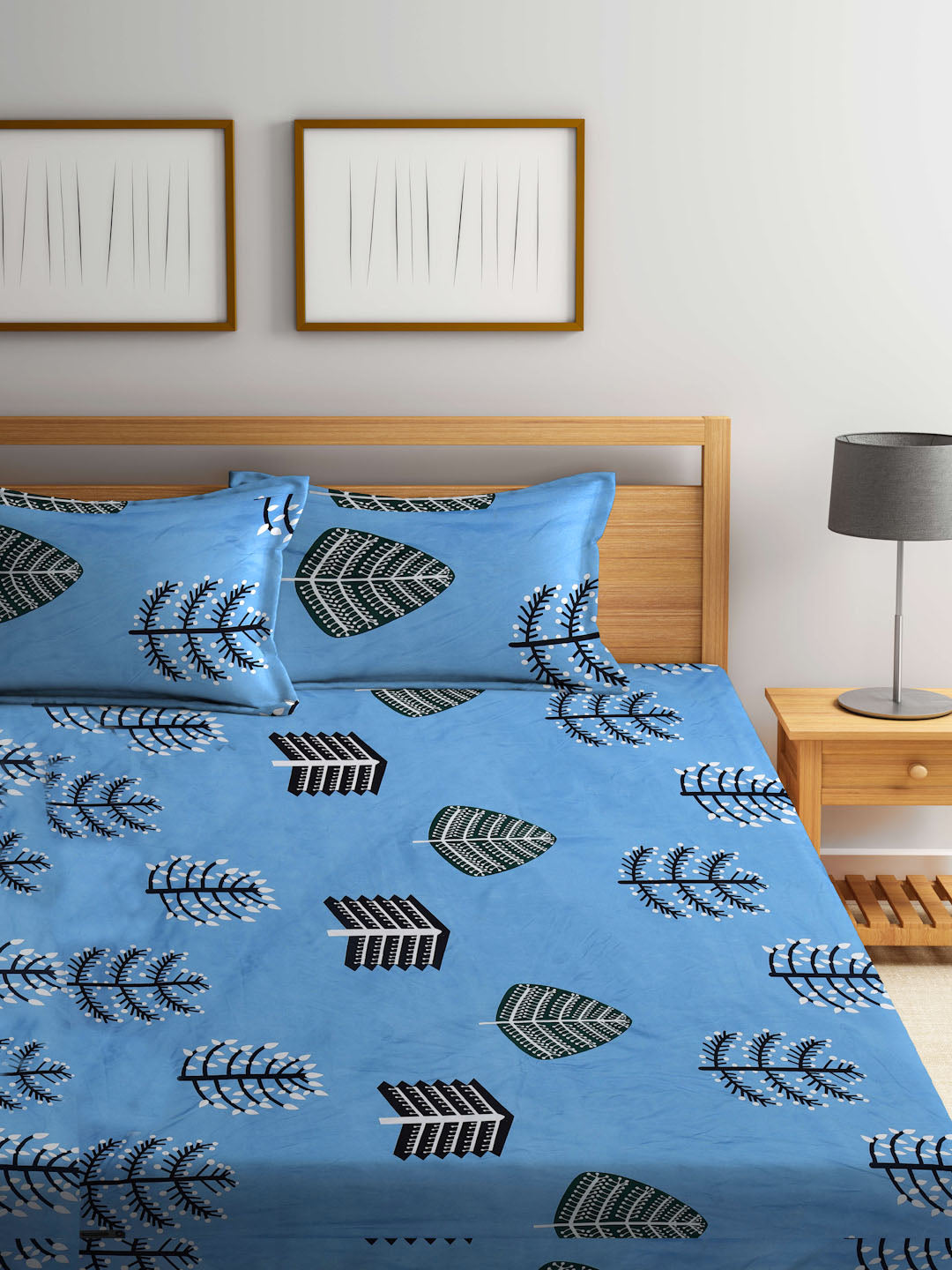 Klotthe Blue Abstract 300 TC Cotton Blend Super King Double Bedsheet with 2 Pillow covers