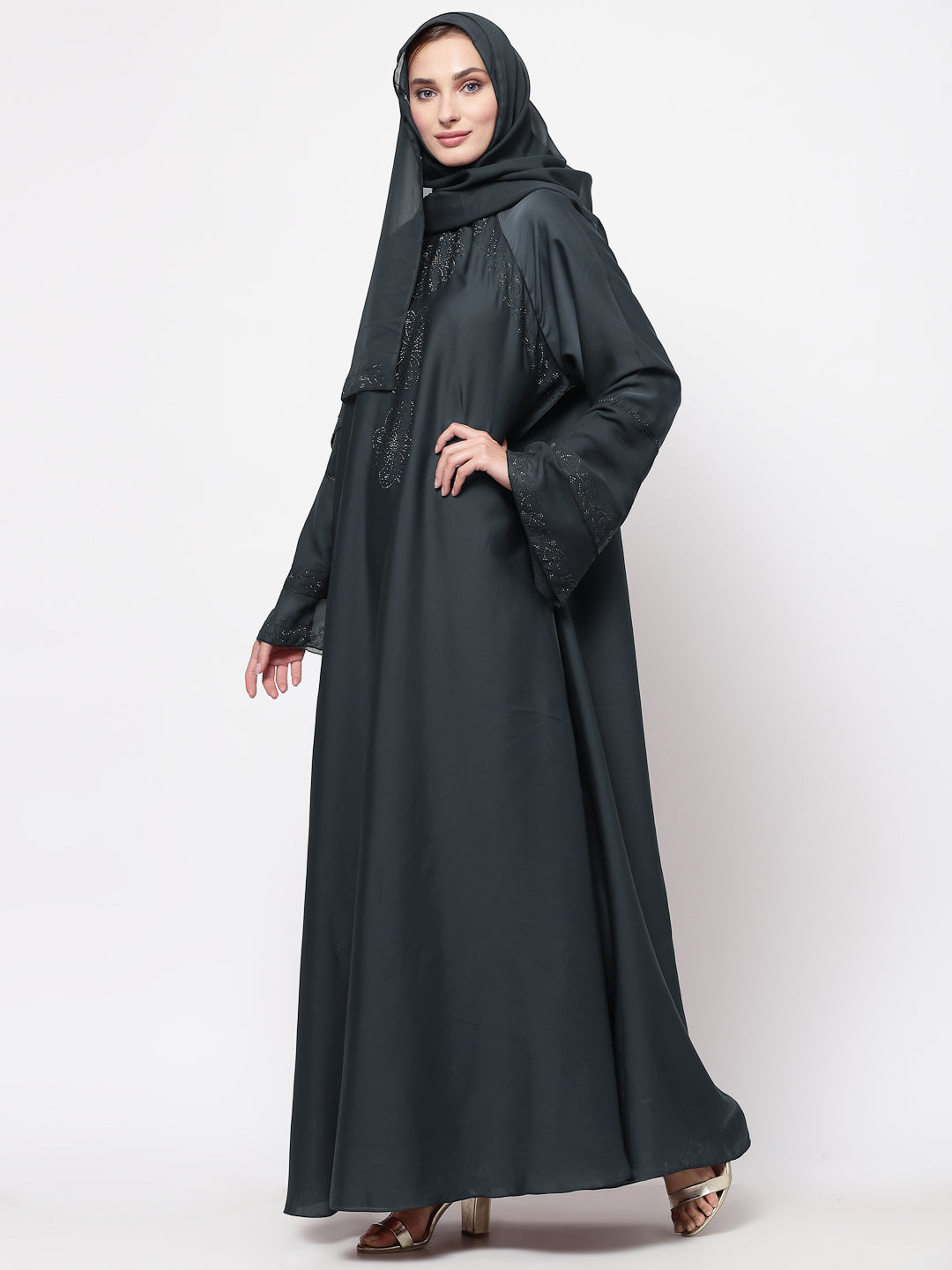 Klotthe Women Grey Embellished Burqa With Scarves