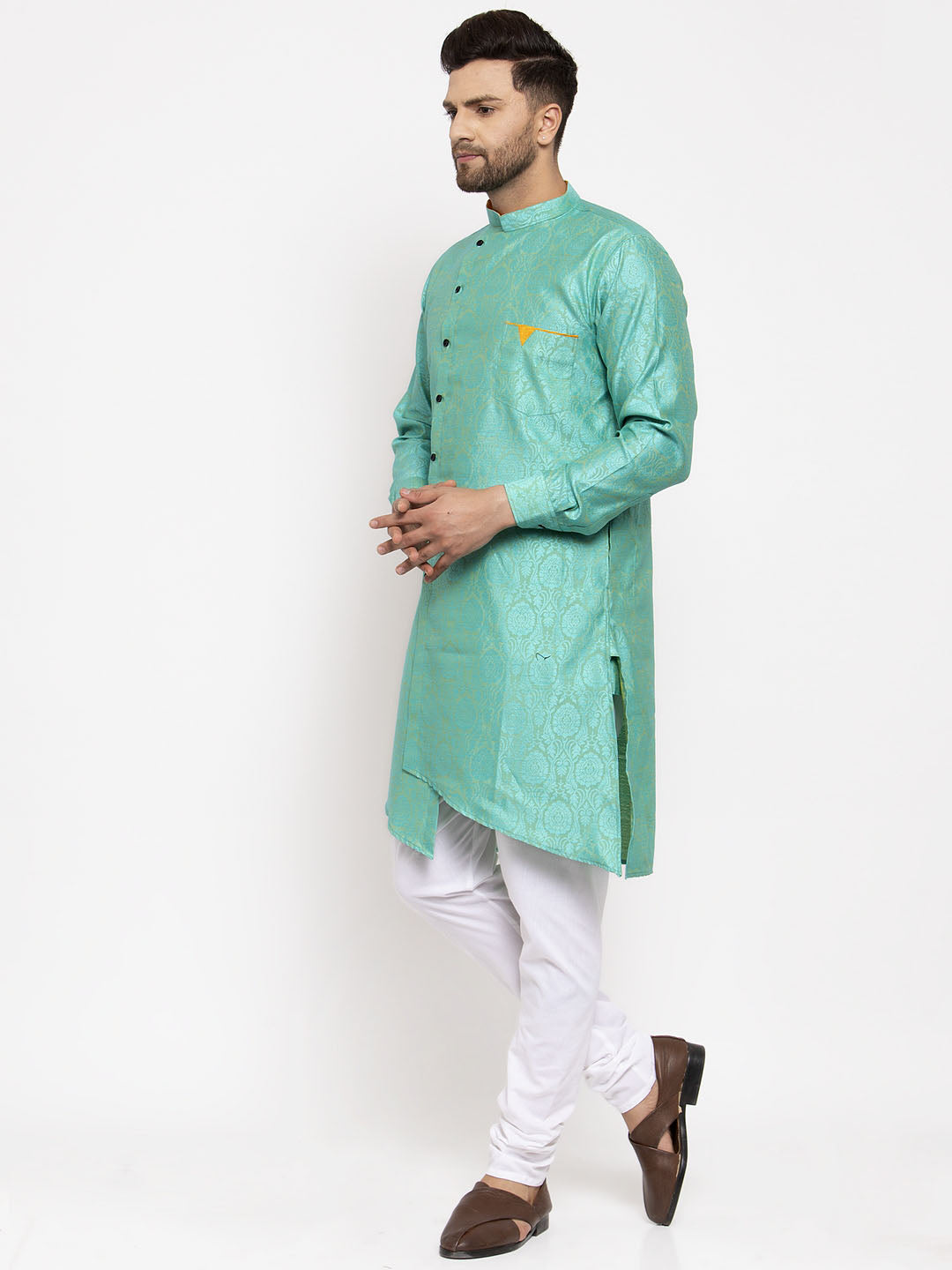 KLOTTHE Turquise Cotton Silk Woven Design Kurtas