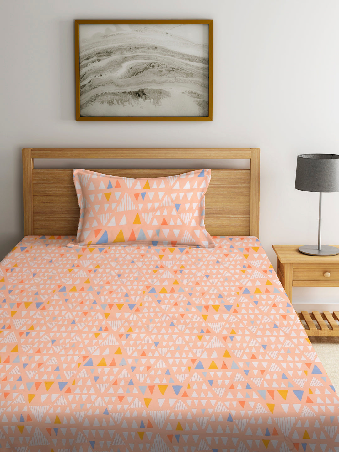 Klotthe Peach 210 TC Geometric Cotton Blend Single Bed Sheet with Pillow Cover