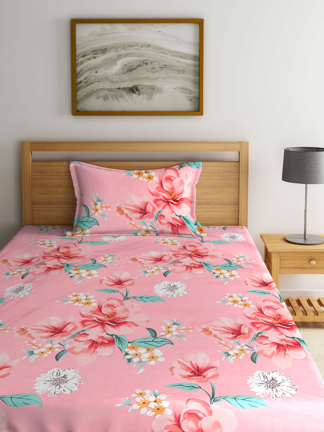 Klotthe Multicolor Floral 300 TC Cotton Blend Single Bedsheet with Pillow Cover