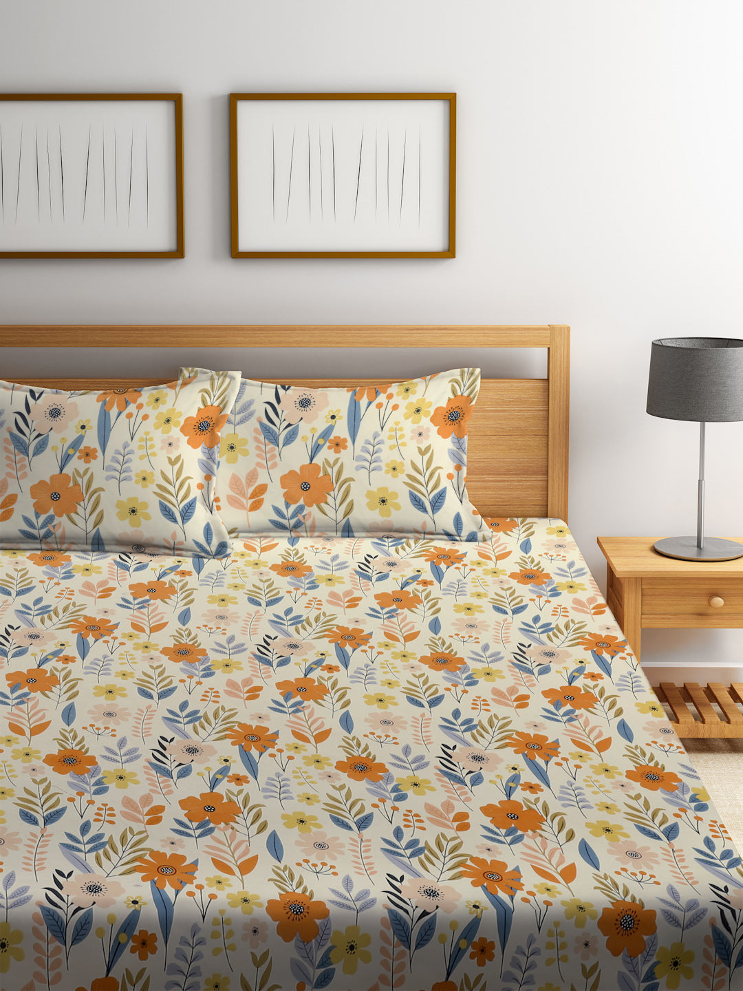 Klotthe Multi Floral 300 TC Cotton Blend Elasticated Double Super King Bedsheet with 2 Pillow covers (270X270 cm)